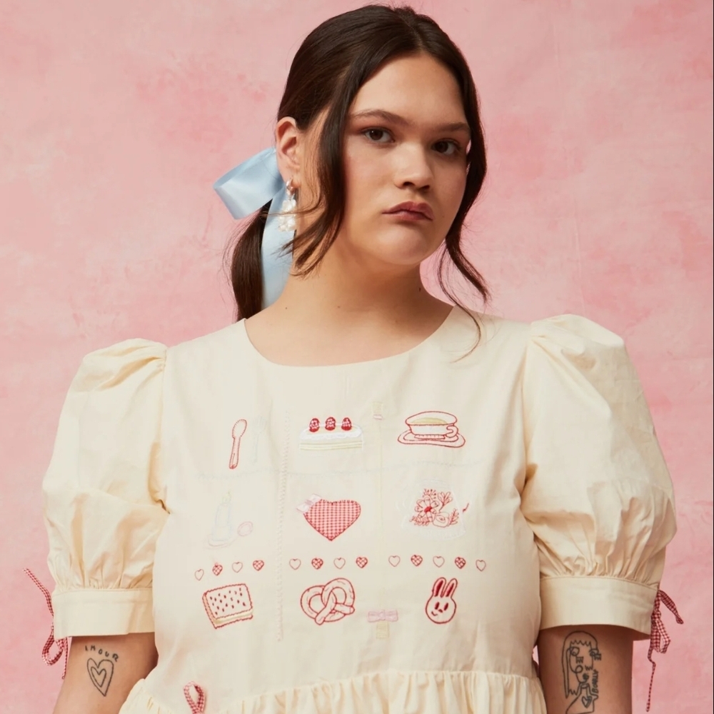 Kin And Tam High Tea Cream Puff Sleeve Dress with Pink Embroidery Valentines Day